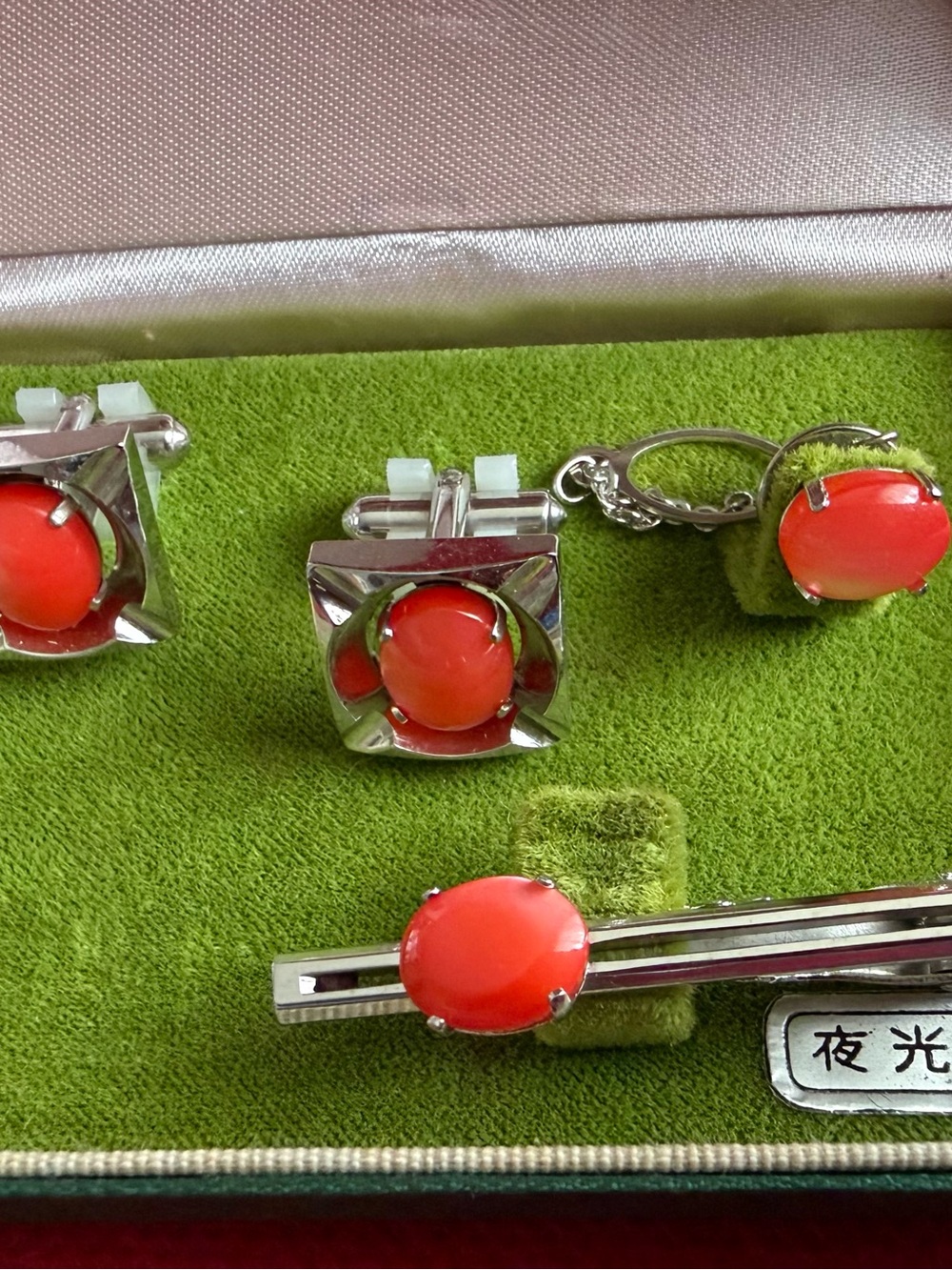 Men's Red Stone Tie Clip and Cufflink Set - Polished Silver Tone